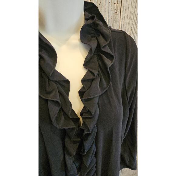 Made in USA black 1X frill ruffle trim black open cardigan office sweater EUC - Picture 3 of 7